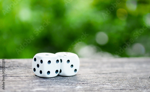 white dice on a green blurry background, playing dice macro photos