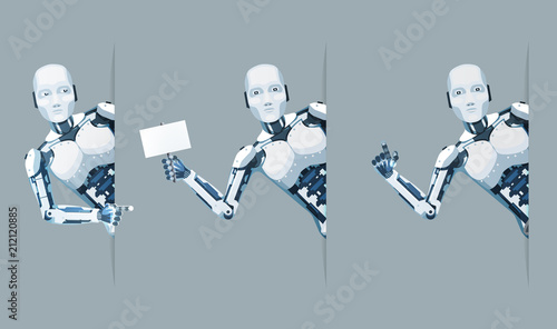 Android robot look out corner poster hand online help technology science fiction future sale 3d design vector illustration