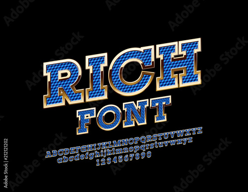 Vector Gold and Blue Rich Font. Luxury glossy Alphabet Letters, Numbers and Symbols