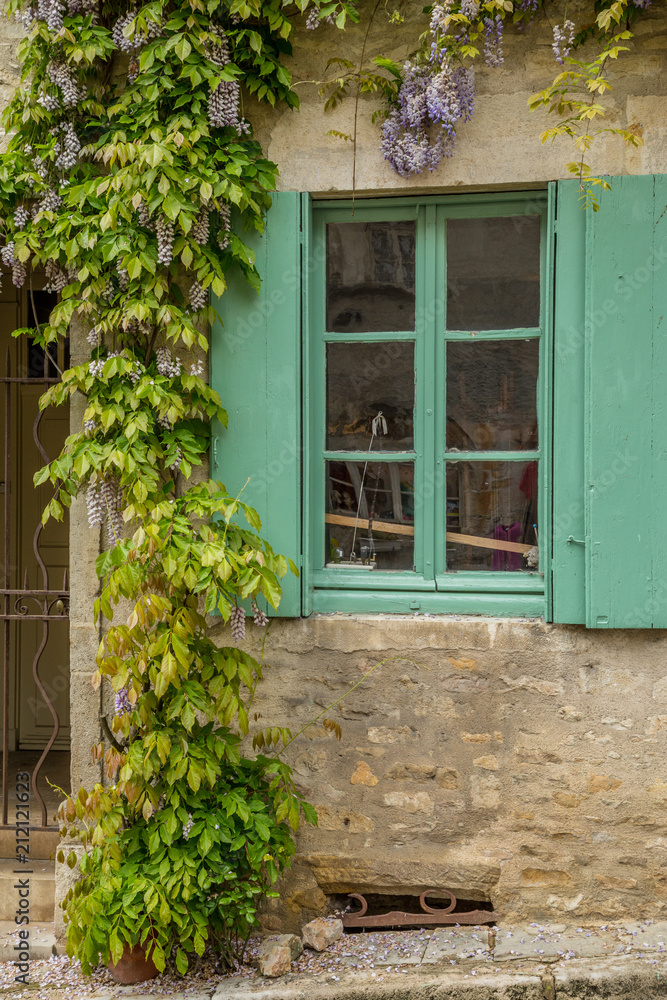 Green shutters and wisteria in a small village in Burgundy, France