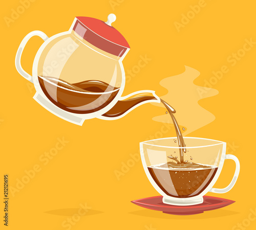 Pour coffee drink from glass teapot stream flow water retro vintage cartoon icon design vector illustration
