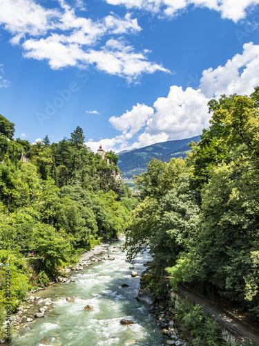Scenic summer elevated view to Passer River in the spa resort of Merano, South Tyrol, Italy