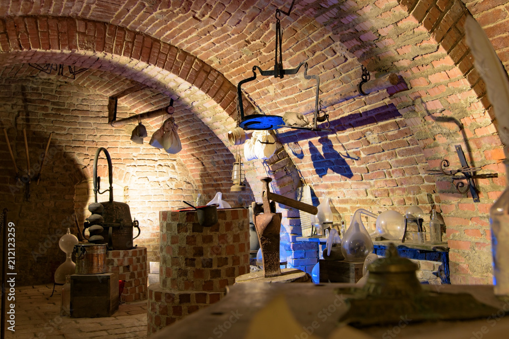 Medieval alchemist’s laboratory interiors bricked vault equipped with