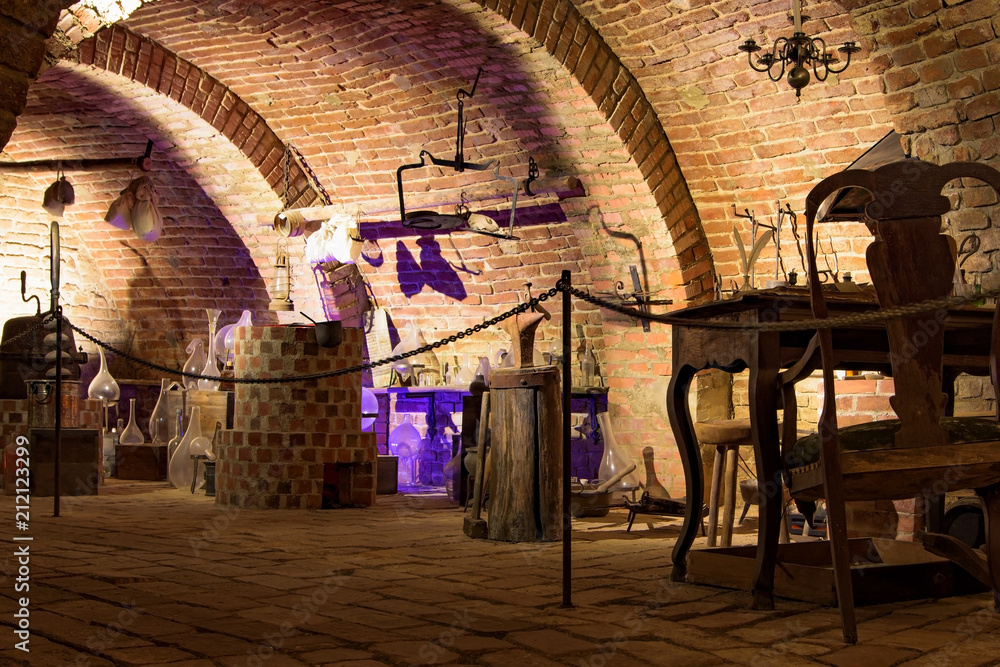 Medieval alchemist’s laboratory interiors bricked vault equipped with