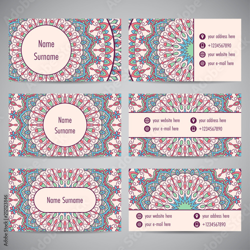 Set of business cards with floral mandala ornaments. Vector illustration
