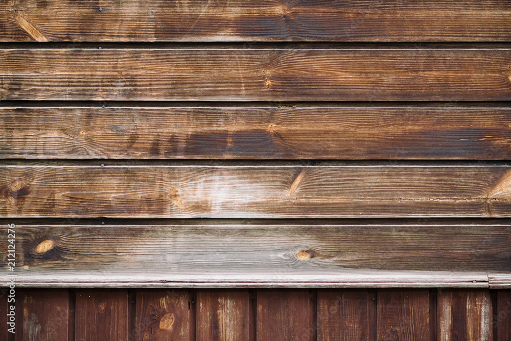 Fototapeta premium Natural structure of wood surface. Detail fragment of vintage natural wooden texture. Rural brown wooden wall, fence, floor with copy space. Background of uneven horizontal and vertical planked wood.