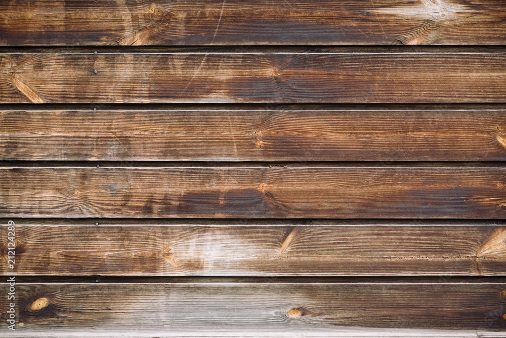 Obraz premium Natural structure of wood surface. Detail fragment of vintage natural wooden texture. Pattern from rural brown wooden wall, fence, floor with copy space. Background of uneven horizontal planked wood.