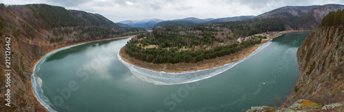 Autumn river landscape, top view, Mansky loop, Krasnoyarsk, Russia.