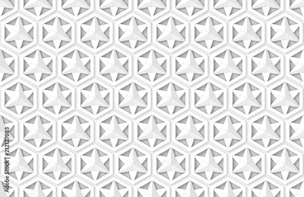 3d rendering. seamless modern white star in hexgonal shape pattern wall background. 3d rendering. seamless modern white star in hexgonal shape pattern wall background.