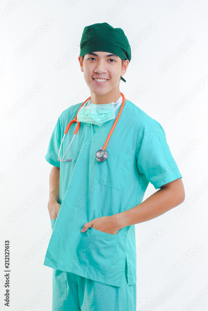 Happy Doctor with a stethoscope standing on white background Happy Doctor with a stethoscope standing on white background
