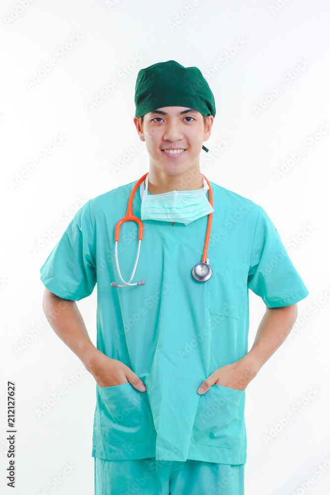 Happy Doctor with a stethoscope standing on white background Happy Doctor with a stethoscope standing on white background