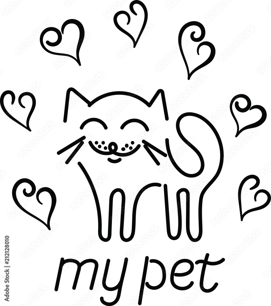 Obraz premium Happy cat, hearts, lettering MY PET