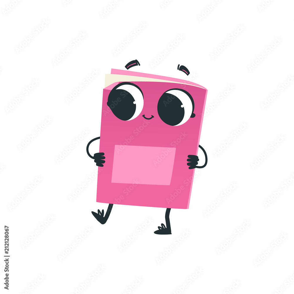 Cute pink book or notebook cartoon character dancing isolated on white background - funny educational element personage with smiling face for back to school concept in vector illustration.