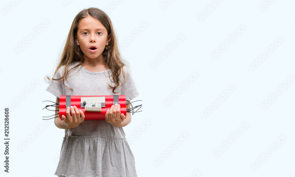 Brunette hispanic girl holding a bomb scared in shock with a surprise face, afraid and excited with fear expression Brunette hispanic girl holding a bomb scared in shock with a surprise face, afraid and excited with fear expression
