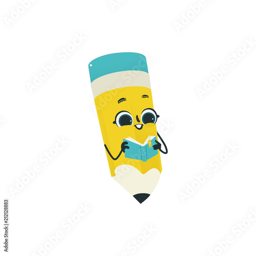 Flat humanized pencil with eraser at head, arms and face emotions. Flat vector illustration. Happy, smiling character holding textbook, Back to school concept, kids education instrument.