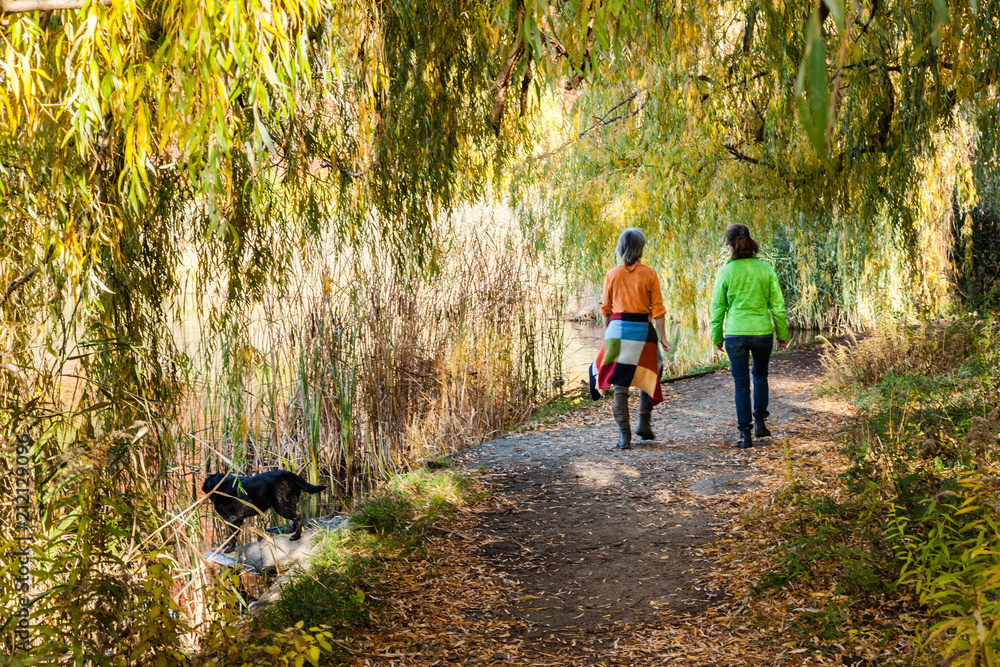 Two unrecognizable women walking on a trail in High Park.