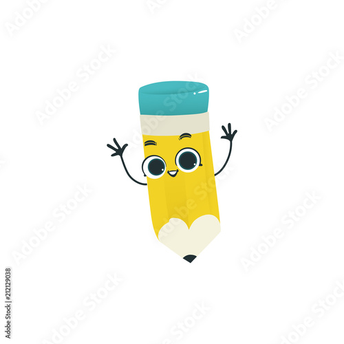 Flat humanized pencil with eraser at head, arms and face emotions. Flat vector illustration. Happy, smiling character waving hands, Back to school concept, kids education instrument.