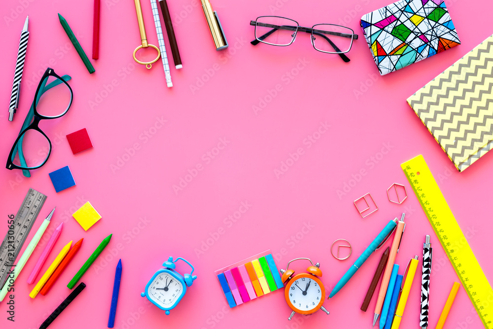 Education background, frame. School, student, office supplies. Stationery,  glasses, alarm clock, notebook on pink background top view copy space Stock  Photo | Adobe Stock