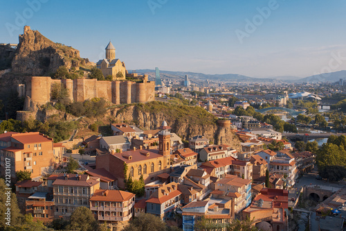 Tbilisi Georgia skyline with church and fortress  photo