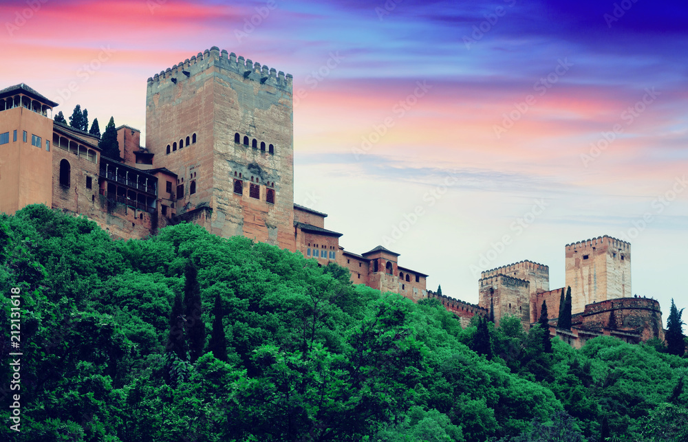 Towers of Alcazaba at Alhambra in sunset.  Granada