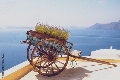 Nice vintage wooden cart with ocean coastline background, Oia, Santorini
