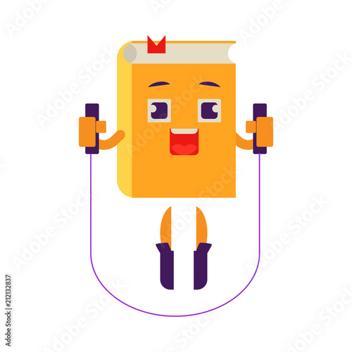 Cartoon book character athlete doing exercises, working out with skipping rope. Vector humanized sport textbook for kindergarten, preschool and school kids design.