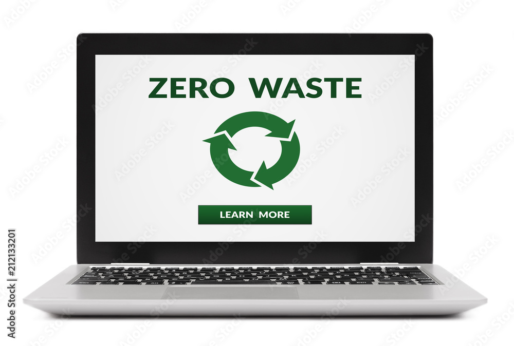 Zero waste concept on laptop computer screen. Isolated on white background. All screen content is designed by me. Zero waste concept on laptop computer screen. Isolated on white background. All screen content is designed by me.
