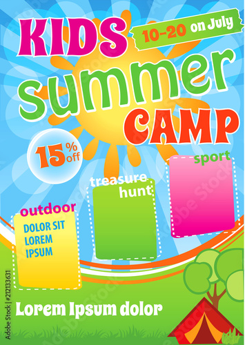 Kid Summer Camp Template Design, Children Camping Flyer, Summer Holiday advert, Kid Event Invitation