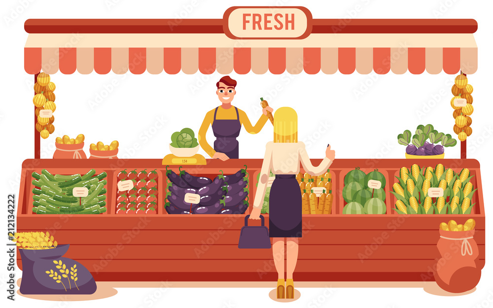 Cartoon local farmer market concept with young woman buying food in wooden  store with vegetables and smiling seller man holding carrot. Rural shop,  marketplace scene. Vector illustration Stock Vector | Adobe Stock