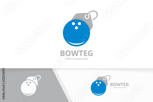 Vector bowling and tag logo combination. Game and shop symbol or icon. Unique kegling and label logotype design template.