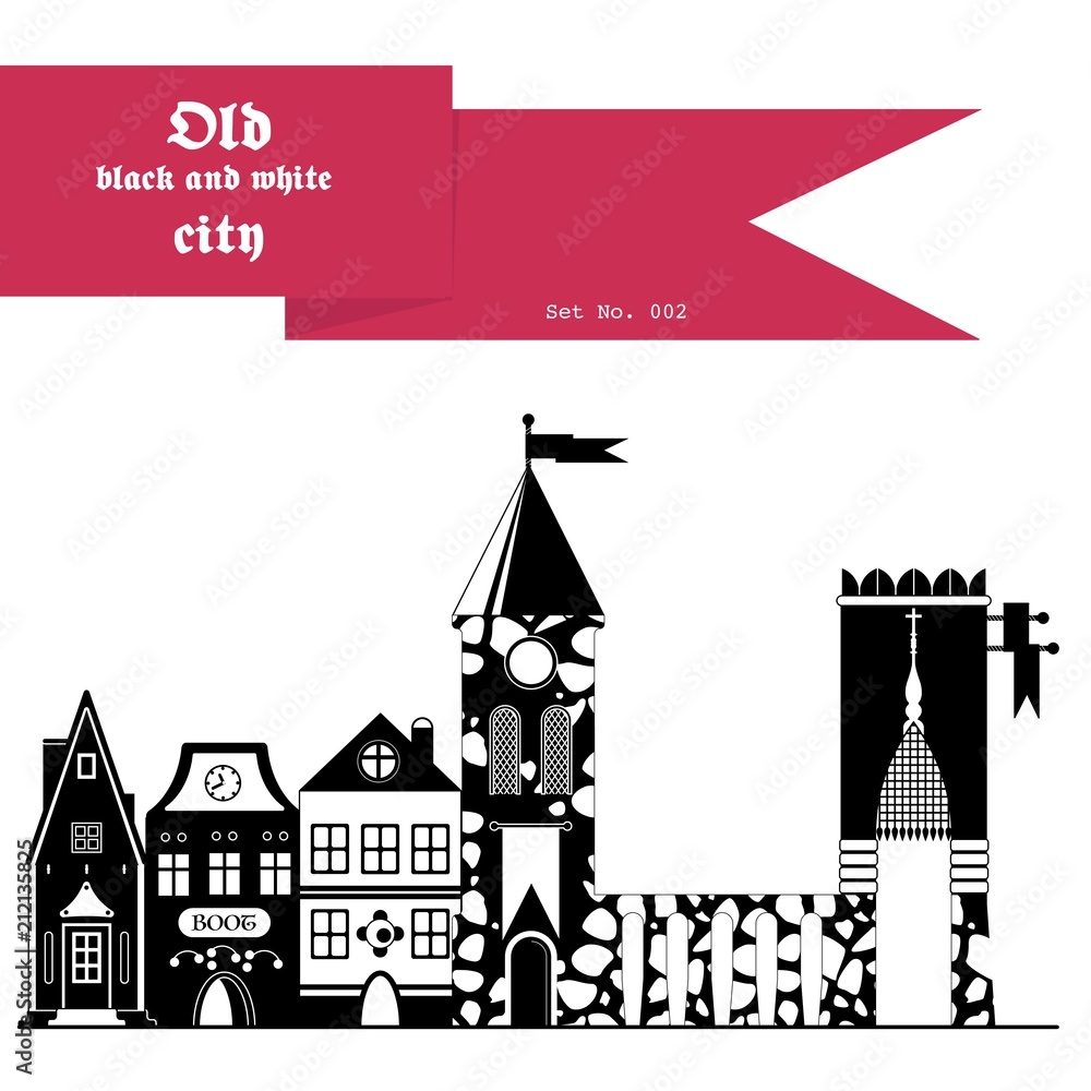 Set of black and white images of medieval houses Set of black and white images of medieval houses