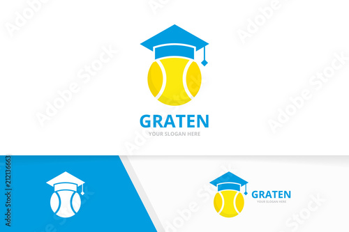 Vector tennis and graduate hat logo combination. Game and study symbol or icon. Unique ball and college logotype design template.