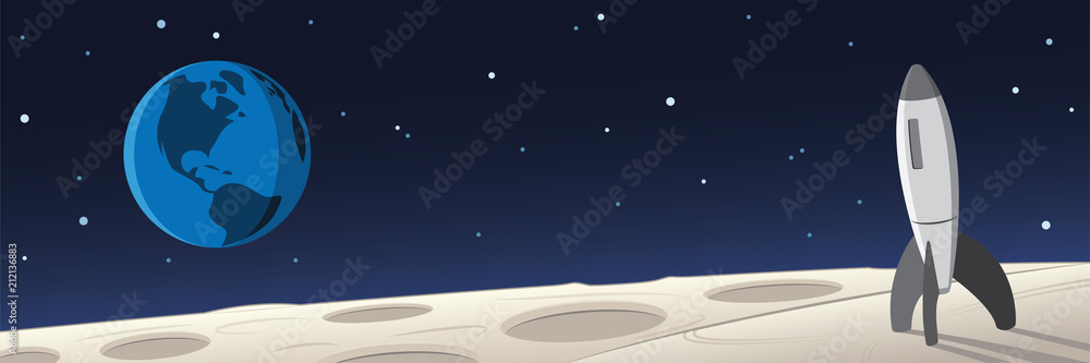Naklejka premium Moon Landscape With Rocket and Earth Scene