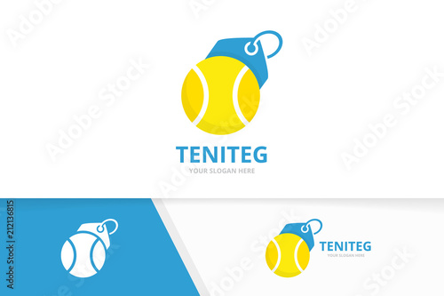 Vector tennis and tag logo combination. Game and shop symbol or icon. Unique ball and label logotype design template.
