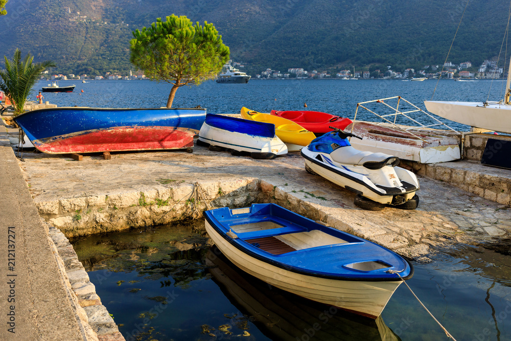 Colorful boats in the city of Perast, Kotor Bay, Montenegro