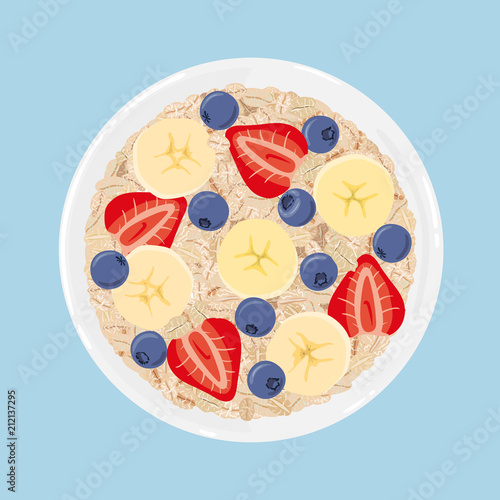Oat flakes in a bowl with banana, blueberries and strawberries, top view. Healthy natural breakfast. Portion of oats with fruits in a bowl isolated on background. Vector hand drawn illustration.