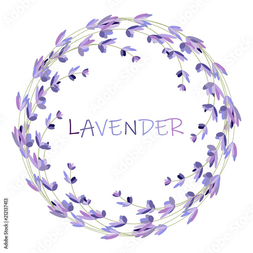 Lavender flower round frame on white. Vector packaging design template and emblem - beauty and cosmetic oil - lavender.