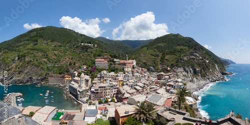 View of the beautiful seaside of Vernazza village in summer in the Cinque Terre National park, Italy.