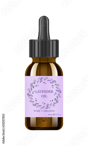 Lavender oil in glass jar. Vector packaging design template and emblem - beauty and cosmetic oil - lavender. Mock up vial of lavender oil essence.