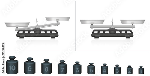 Two pan scales, unequal and equal weightiness, ten different weights for calculation, comparing, counting and weighing. Isolated vector illustration on white background.
