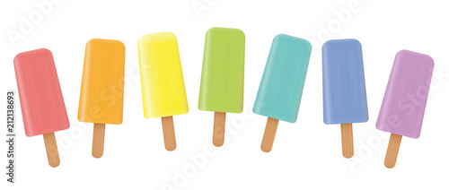Ice lollys loosely arranged. Rainbow colored fruity collection of seven frozen popsicles - isolated vector illustration on white background.