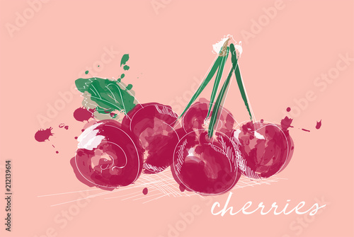 cherry watercolor illustration. hand drawn cherries with ink scatter. fresh ripe fruit. 