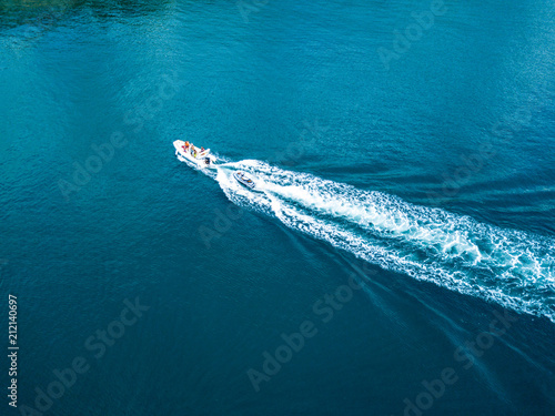 aerial view of motorized fast speed boat on a summer day on the sea