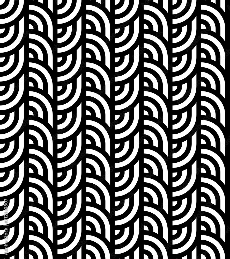 Seamless pattern with circles and striped black white straight lines. Optical illusion effect. Geometric tile in op art style. Vector illusive background for cloth, textile, print, web. Seamless pattern with circles and striped black white straight lines. Optical illusion effect. Geometric tile in op art style. Vector illusive background for cloth, textile, print, web.
