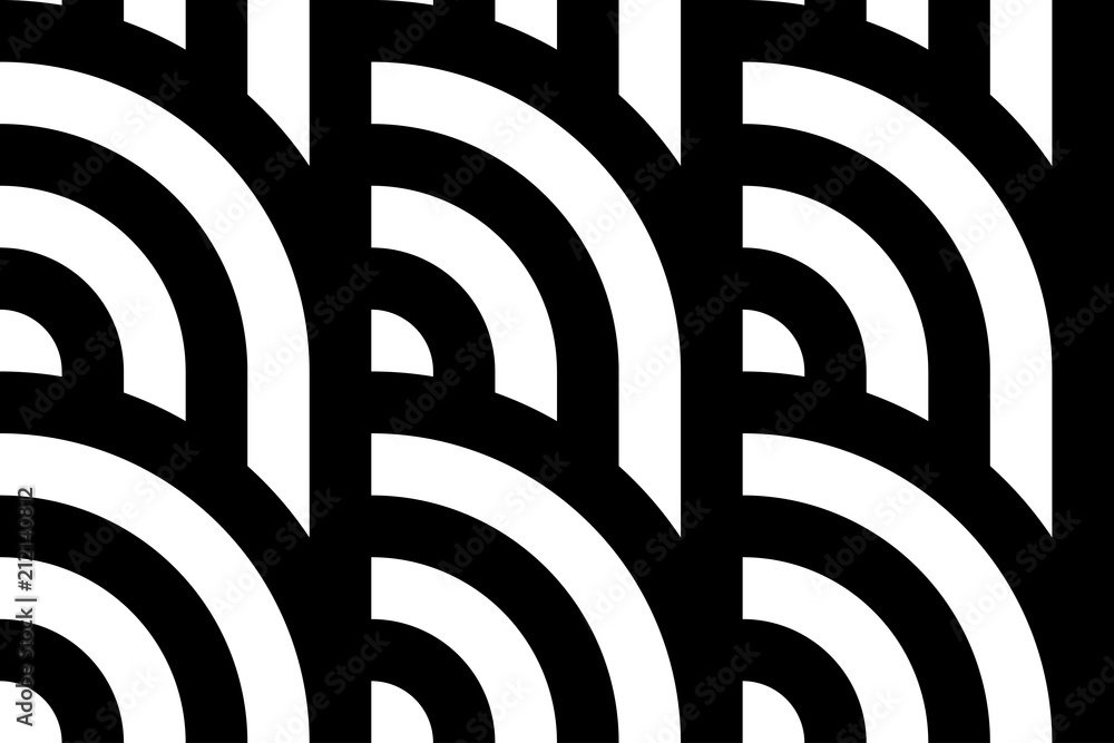 Seamless pattern with circles and striped black white straight lines. Optical illusion effect. Geometric tile in op art style. Vector illusive background for cloth, textile, print, web. Seamless pattern with circles and striped black white straight lines. Optical illusion effect. Geometric tile in op art style. Vector illusive background for cloth, textile, print, web.