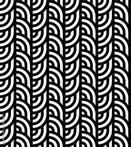 Seamless pattern with circles and striped black white straight lines. Optical illusion effect. Geometric tile in op art style. Vector illusive background for cloth  textile  print  web.