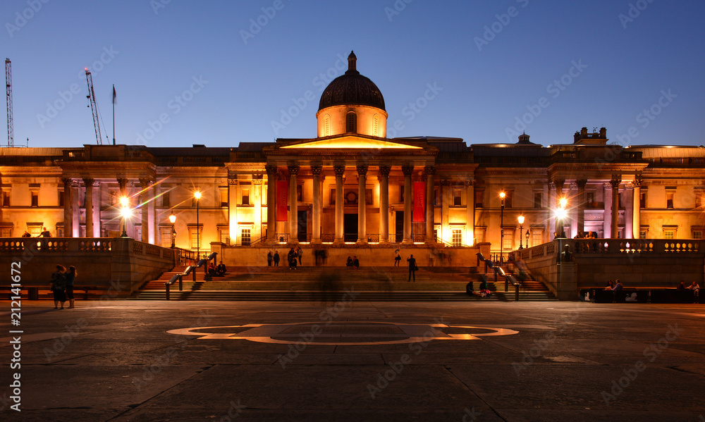 Evening view of the National Gallery at Trafalgar Square, London, United Kingdom