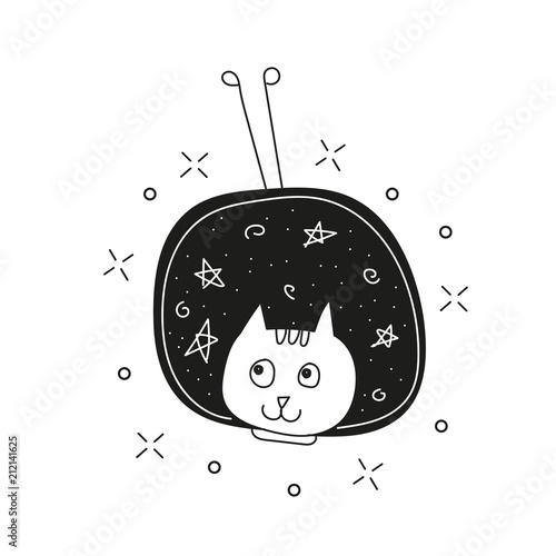 Cute cat in space print. Childish vector illustration in doodle style. Perfect for kids and baby apparel design, wall art, poster print