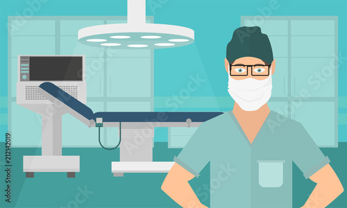 Vector medical concept Surgeon in operation theater. Room with doctor in medical mask. Flat vector illustration