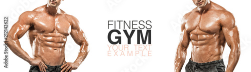 Fitness banner or poster. Brutal strong muscular bodybuilder athletic man pumping up muscles on white background. Workout bodybuilding concept. Copy space for sport nutrition ads.